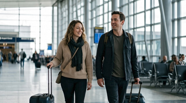 Happy travel couple airport walking in modern terminal, embracing vacation mode and relaxed journey with pre-flight joy, destination excitement, global adventure, happy departure