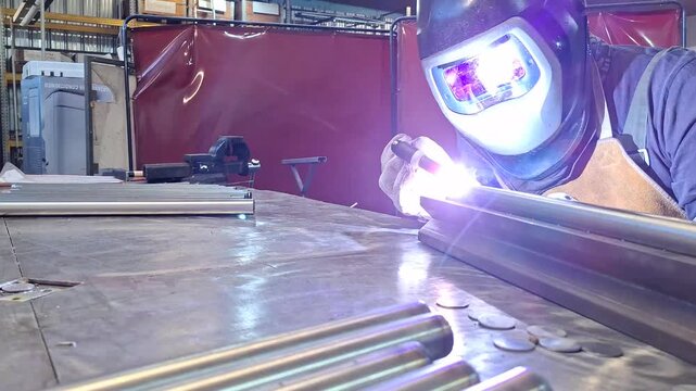 Precision TIG welding operation on metal pipe in heavy industry workshop