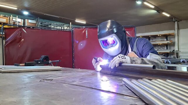 Industrial worker performing TIG welding process on metal pipe in factory setting