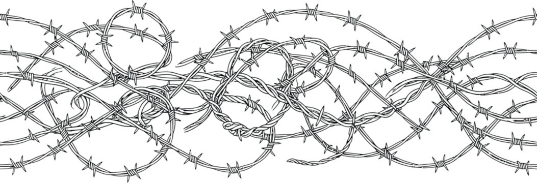 Tangled barbed wire illustration on a white background depicts a complex pattern