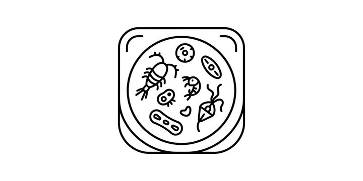Petri dish with various microorganisms including bacteria and amoeba for scientific research on transparent background.