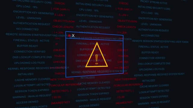 Cyber security warning system displaying critical signal alert notification over complex digital data stream background, featuring system error, logs and network, authentication requests for tech