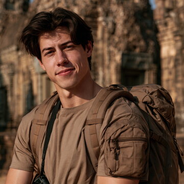 Young Man in Casual Attire Gazing Up at Majestic Ancient Architecture Under Bright Blue Sky