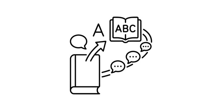 Online learning concept with books and speech bubbles representing communication and knowledge transfer.