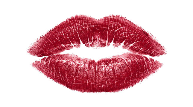 Red lipstick kiss print on black background, isolated on transparent background