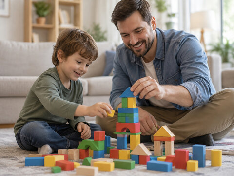 Father and young son build colorful wooden block structures together on a living room rug, combining creative play, learning, patience and parent-child bonding.