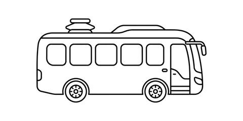 Modern outline of a bus with multiple windows and rooftop luggage rack for passenger transport. © SAJID