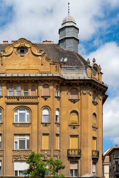 Curved corner facade with rooftop turret near Fovam Square near Fovam Square in central Budapest, Hungary