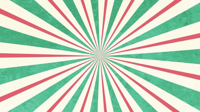Retro Green and Red Sunburst Background, Vintage Radial Rays with Cream Texture, Psychedelic Carnival Style 4K Motion Graphic
