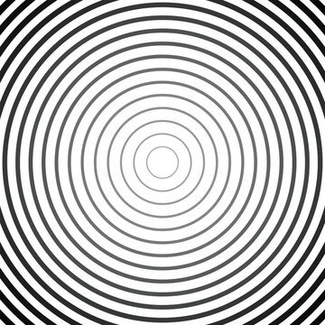 Abstract black and white concentric circles pattern. Optical illusion with radiating rings creating a tunnel effect. Minimalist geometric vector background design.