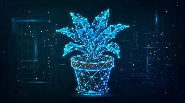 Digital Neon Potted Plant with Glowing Geometric Wireframe Mesh Design on Dark Background
