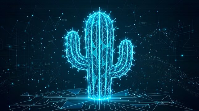 Abstract Neon Cactus with Digital Network Connections and Geometric Patterns