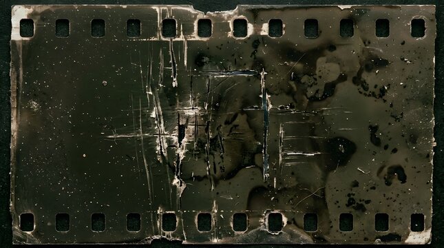 Damaged vintage celluloid film strip with heavy scratches and grime