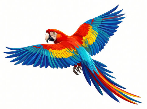 Vibrant colorful parrot flying on a clean white background