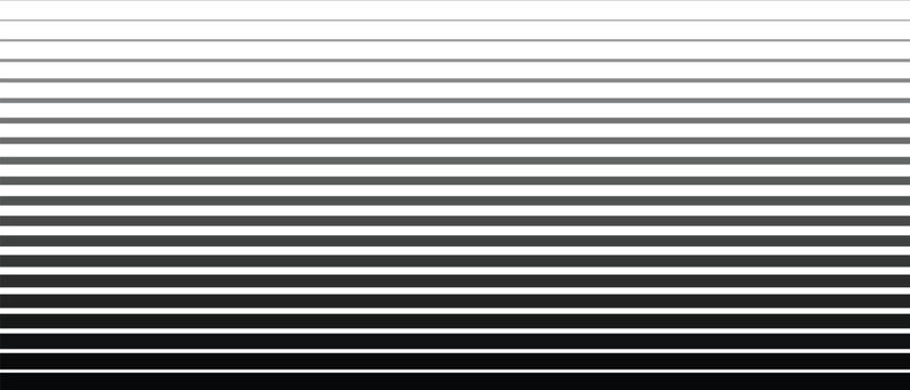 Abstract horizontal black and white lines pattern. Seamless linear gradient halftone texture background. Minimalist graphic design element with fading effect.