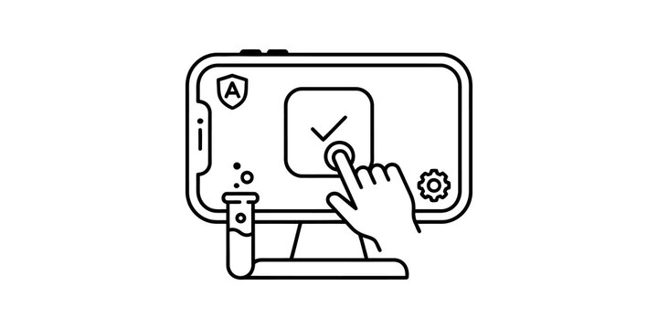 Hand interacting with computer screen showing checkmark and magnifying glass icon for testing.