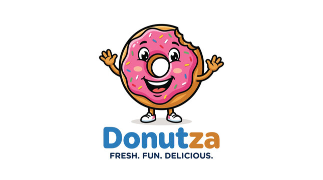 Smiling pink donut mascot logo for bakeries.