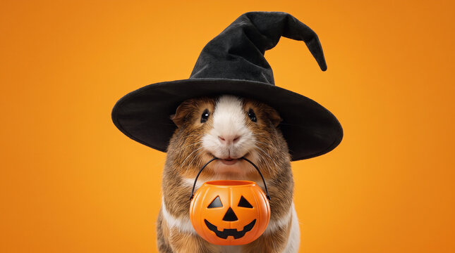 Cute guinea pig wearing a black witch hat and holding a jack-o-lantern candy bucket on an orange background, adorable spooky Halloween pet portrait for trick or treat