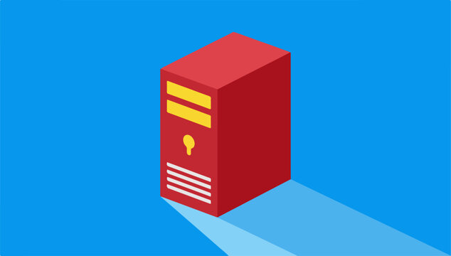  red server tower with yellow panels and lightbulb icon flat vector illustration