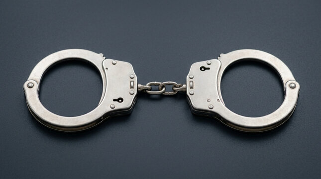 Silver Handcuffs Linked Together on Dark Background, Crime, Justice Concept