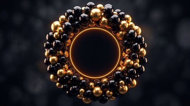 Abstract 3D wreath of black and gold spheres with a glowing neon ring on dark bokeh background