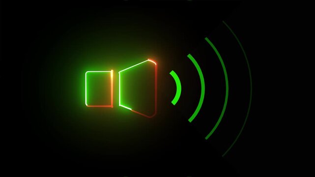 Neon green glowing speaker volume icon on black background an indicating audio levels, set against a dark