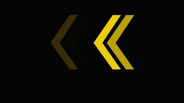 Set of yellow directional chevron arrow signs pointing left on dark background graphic motion showing a series