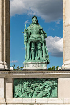 Bronze statue of military leader Janos Hunyadi with a battle relief panel on the Millennium Monument in Budapest