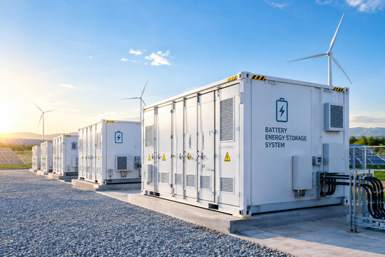 White battery energy storage system containers sit outdoors near wind turbines under a.