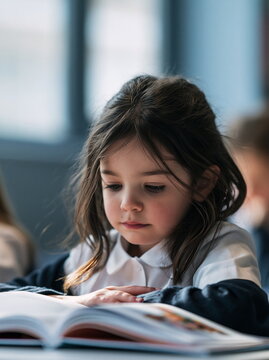 Young Schoolchild Immersed in a Colorful Storybook, Surrounded by Brightly Colored Educational Materials