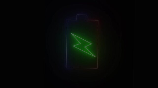 Neon outline of a battery icon with lightning bolt symbol glowing on dark background colorful light
