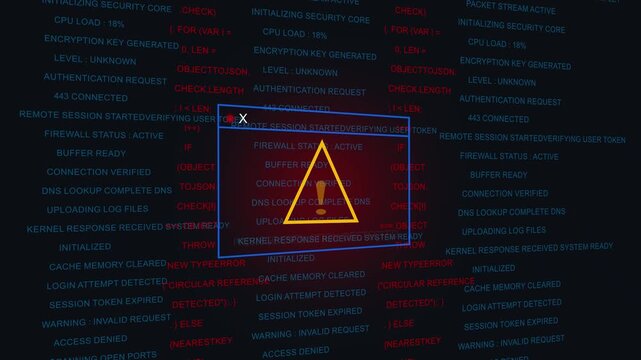 Critical cybersecurity alert displaying privilege escalation detected warning message on dark digital interface with scrolling system code and network security breach notification for it