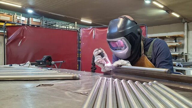 Male welder using TIG torch to join metal pipes in modern manufacturing workshop