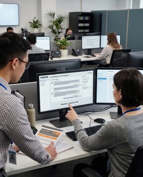 Colleagues pausing AI assistant on monitor screen while reviewing incident report in office