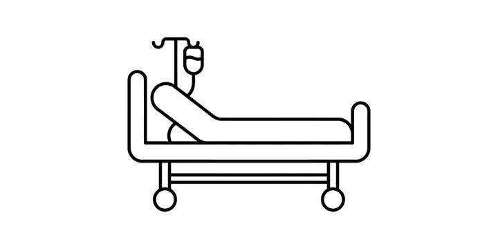 Line icon of patient in hospital bed with iv drip symbolizing healthcare and medical care.