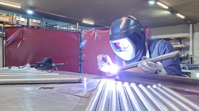 Professional metalworker executing TIG weld on steel tube with protective helmet