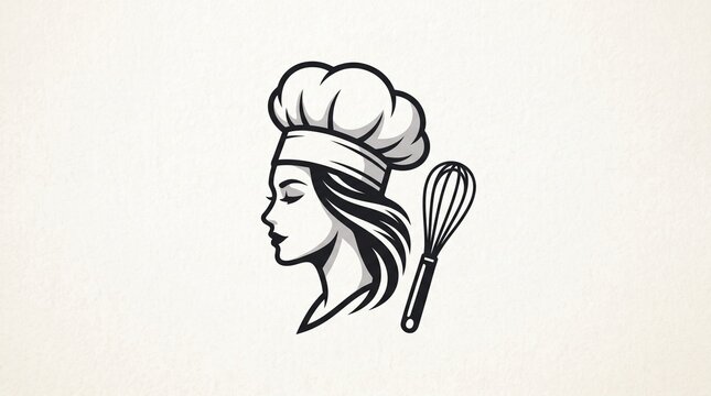 Minimalist line art logo of woman chef. Profile silhouette wears tall toque hat with flowing hair, whisk tool. Simple black icon for bakery brand, culinary business, catering service identity.