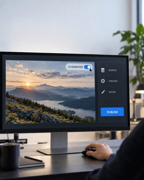 Person labeling AI generated image on computer screen for content transparency and governance