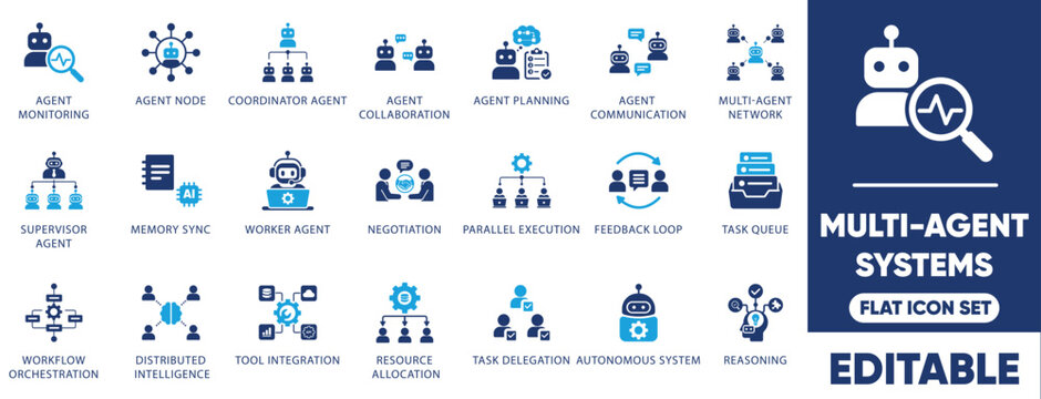 Multi-agent systems icon set. featuring ai agent orchestration, autonomous system, distributed intelligence, and workflow automation.