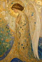 Fototapeta premium Elegant young white angel woman in ornate golden gown with floral backdrop