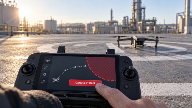 Pilot pressing cancel flight button on drone controller screen to prevent entering restricted industrial zone