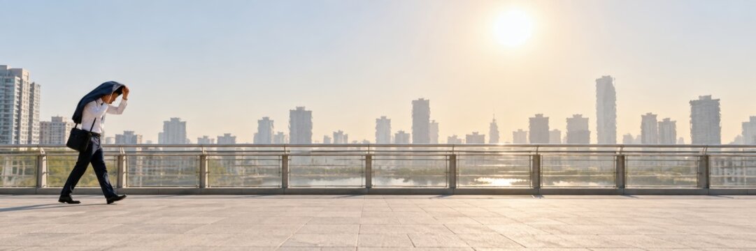 asian businessman shielding himself from hot sun while walking on city bridge with skyline and copyspace. summer business commute. banner, website header.