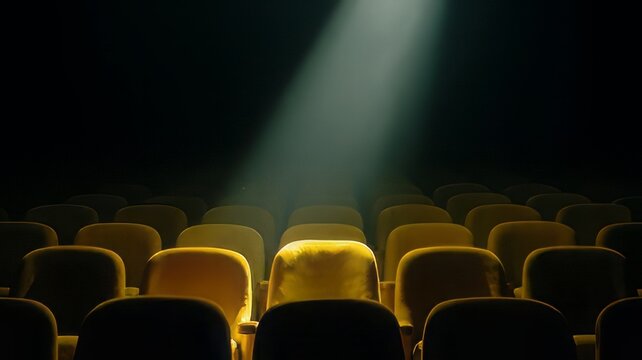 Empty dark theater with rows of seats lit by a single spotlight shining on one seat.