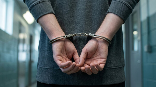 Person in Handcuffs, Arrested Suspect Behind Bars, Crime and Justice Concept