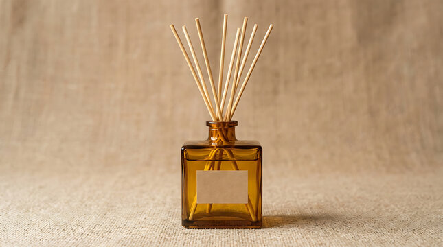 Minimalist amber essential oil diffuser with dried botanicals on neutral background