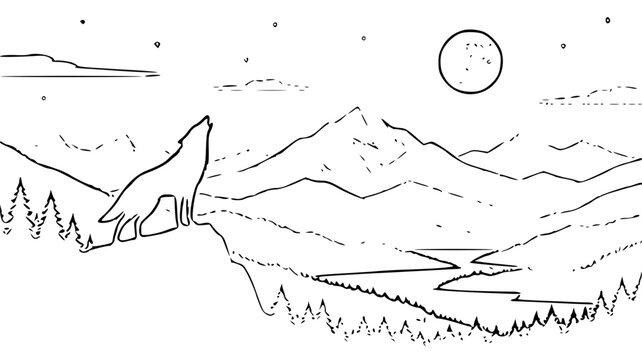 Wolf howling at the moon coloring page vector illustration. Features a wild wolf silhouette, mountains, trees, and a starry night sky. Perfect for nature and animal coloring books for kids.