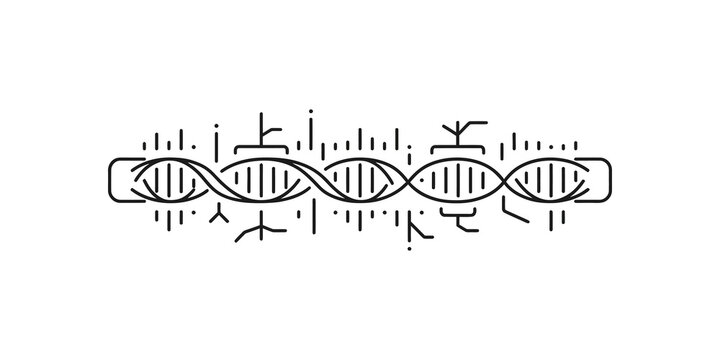 Complex DNA double helix structure with scientific notation and data elements.