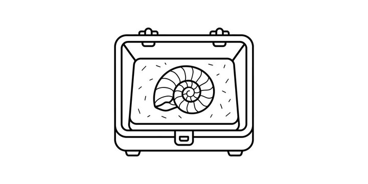 Ancient fossilized ammonite shell displayed in a protective display case for study.