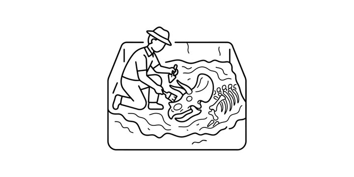 Paleontologist excavating dinosaur skeleton fossil from dig site with tools.