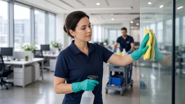Professional Cleaner Cleaning Office Glass Window with Spray Bottle and Rag in Modern Workplace